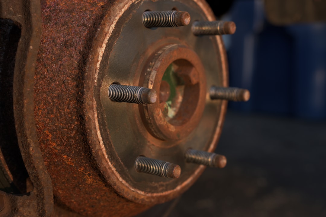 brake pad wear indicator, disc rotor inspection closeup