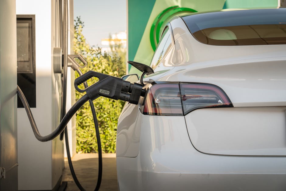 Tesla Model Y white exterior street, electric vehicle charging station korea