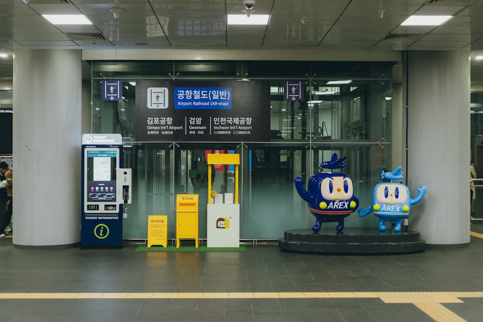 Seoul Station AREX platform, airport check-in counter, Korean transit signage